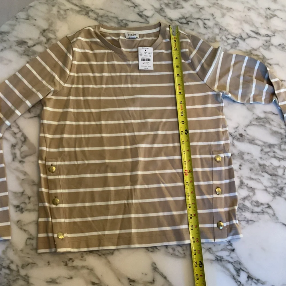 NWT J Crew Tan Striped long-sleeve side-button top Sz XS - tiny pinhole in back - Picture 6 of 8